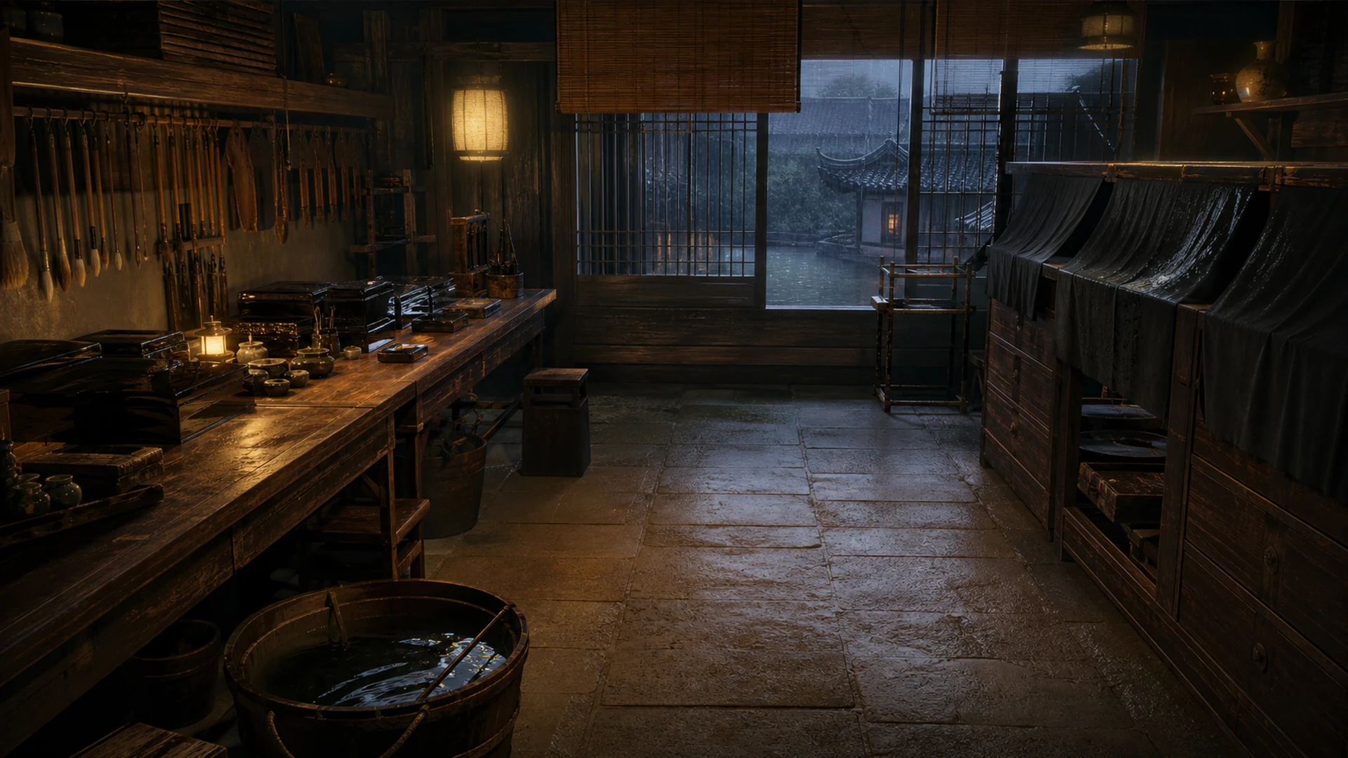 雨夜中的传统漆房